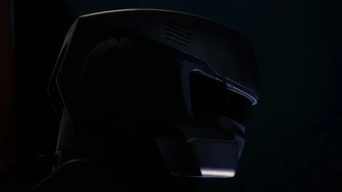 The cyborg machine turning his head and looking to camera. Technology of future. Stock Footage 111127476