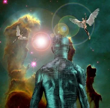 Cyborg. Man with electric circuit pattern Surreal digital art. Man with el... Stock Photos
