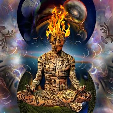 Cyborg meditates Stock Illustration