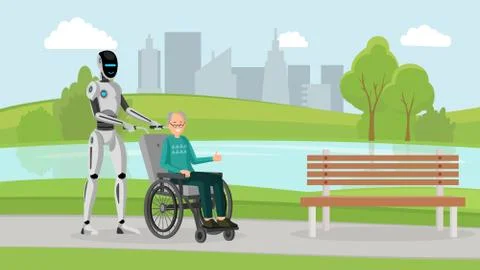 Cyborg with old man outdoor vector illustration. Mechanical caregiver and Stock Illustration