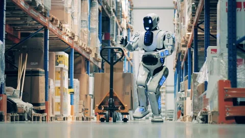 Cyborg is putting boxes onto the trolley in the warehouse Video stock 142138109