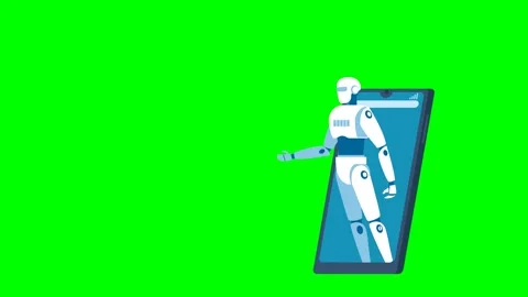 Cyborg robot appears from the bottom of a mobile phone screen. White robot moves Stock Footage 275252584