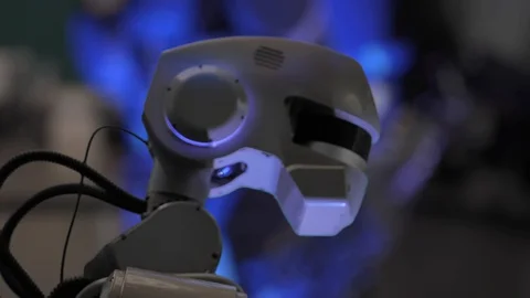 Cyborg Robot Artificial Intelligence in the Technological Environment Stock Footage 129859663