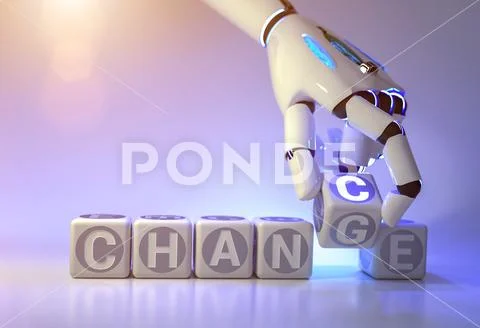 Cyborg robot hand changes text cube - ai concept: Graphic #102666241
