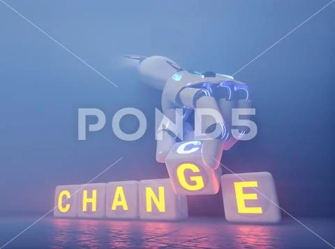Cyborg robot hand changes text cube - ai concept: Graphic #102666249