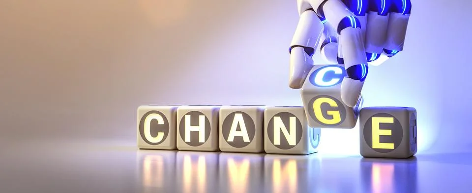 Cyborg robot hand changes text cube - ai concept Stock Illustration