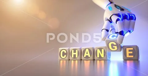 Cyborg robot hand changes text cube - ai concept ~ Hi Res #102666263