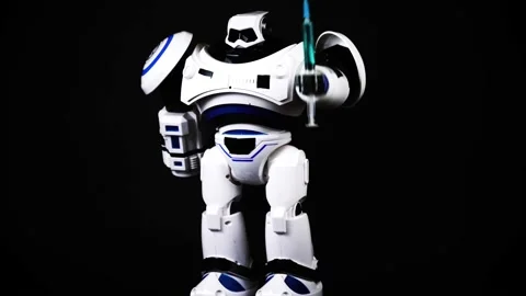 Cyborg robot with syringe on black background Stock Footage 149487222