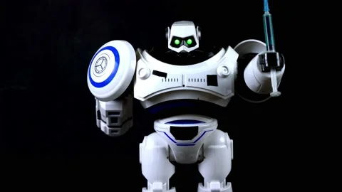 Cyborg robot with syringe on black background Stock Footage 149487933