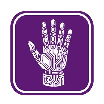 Cyborg robotic hand interface circuit board purple sign. Stock Illustration
