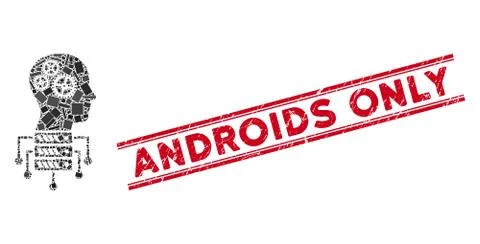 Cyborg Server Node Mosaic and Scratched Androids Only Stamp with Lines Stock Illustration