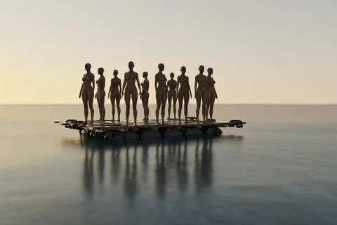 Cyborg stranded on raft in ocean Stock Illustration