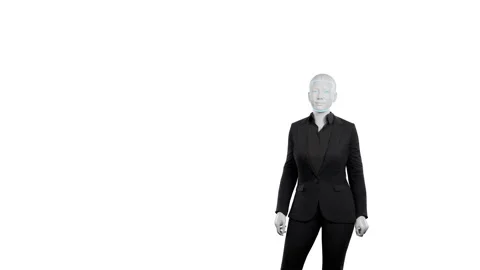 Cyborg in the studio. feMale robot in black business suit. Concept of Stock Footage 258947854