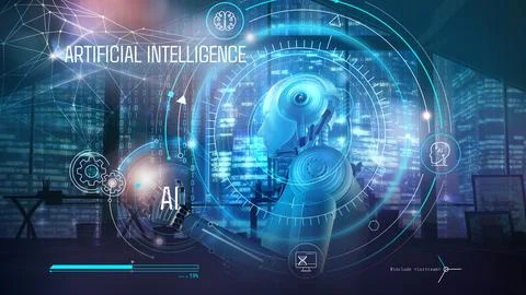 Cyborg thinking, working with digital interface. Stock Illustration