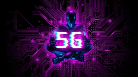 Cyborg using 5G network digital hologram. 5G network wireless technology. Illustrazione stock