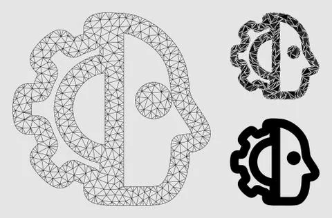 Cyborg Vector Mesh Wire Frame Model and Triangle Mosaic Icon 스톡 일러스트