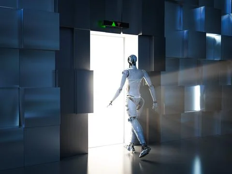 Cyborg walk through elevator doors Stock Illustration