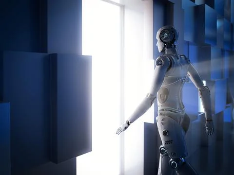 Cyborg walk through elevator doors Stock Illustration