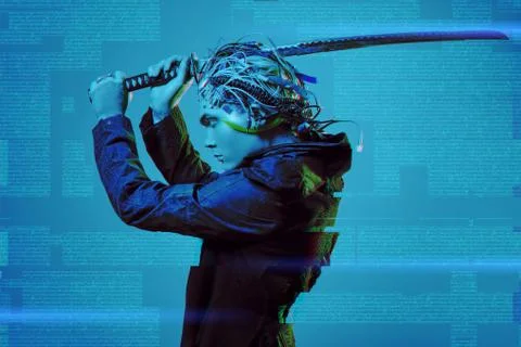 Cyborg warrior with a sword. World of the future. Computer games, immersion i Foto stock