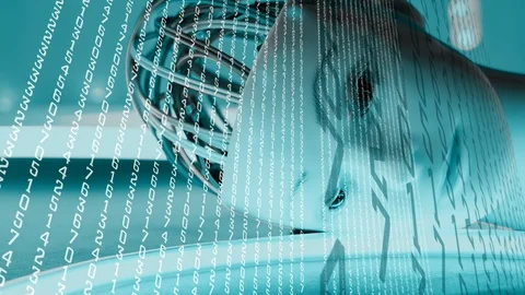 Cyborg woman head machine learning algorithm, digital transformation random numb Stock-Footage 99817480