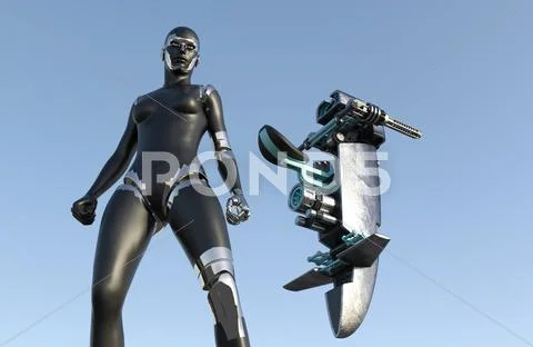 Cyborg Woman - Humanoid with sci-fi vehicle Stock Illustration