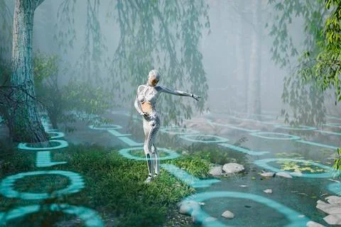 Cyborg woman standing in binary code forest Stock Illustration