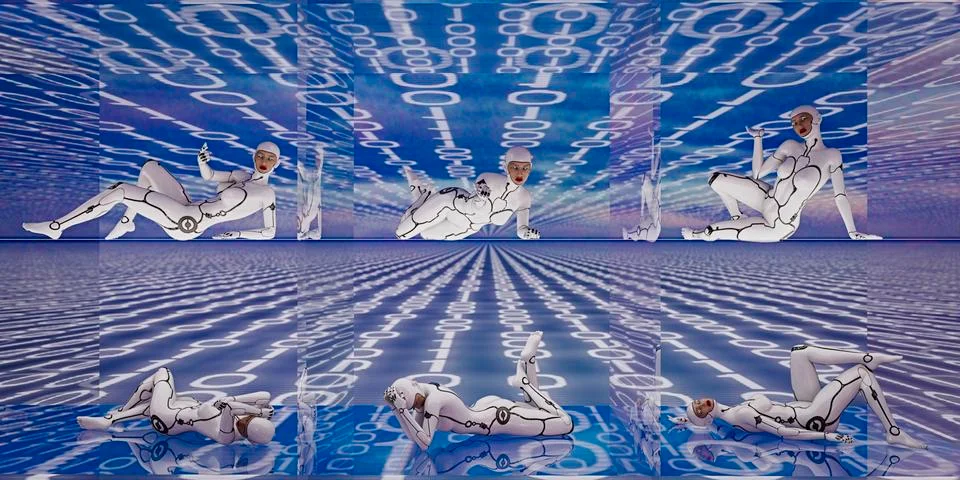 Cyborg women laying in binary code イラスト素材