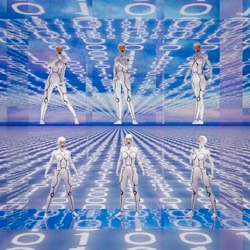 Cyborg women standing in binary code Stock Illustration