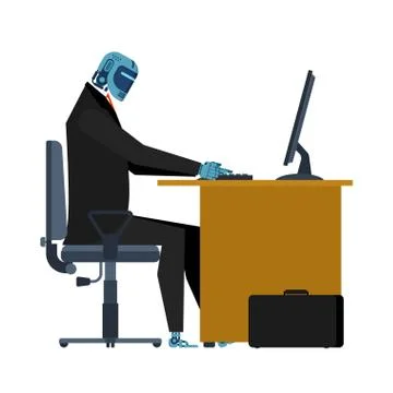 Cyborg at work in table. Office robot. Artificial Intelligence. Vector illust Stock Illustration