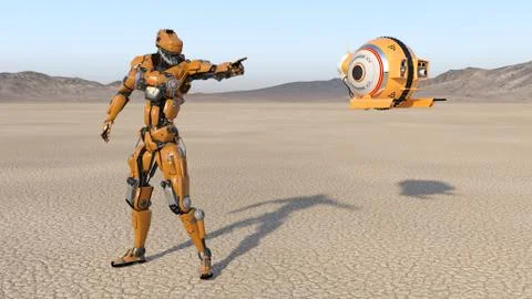 Cyborg worker with flying drone pointing, humanoid robot Illustrazione stock