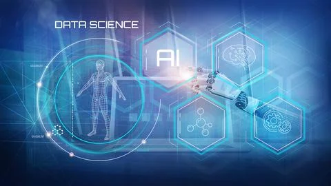 Cyborg working with digital display. Illustrazione stock