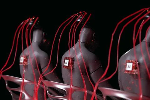 Cyborgs with AI chips surrounded by glowing red cables. 3d render Stock Illustration