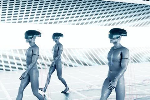 Cyborgs with AI chips walking through a futuristic laboratory. 3d render Stock Illustration