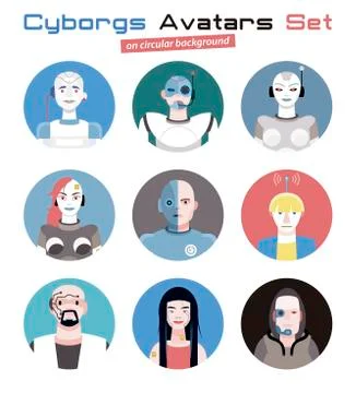Cyborgs Avatars Set Circular Stock Illustration