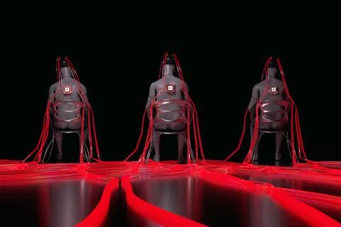 Cyborgs connecting to an artificial intelligence network. 3d render Stock Illustration