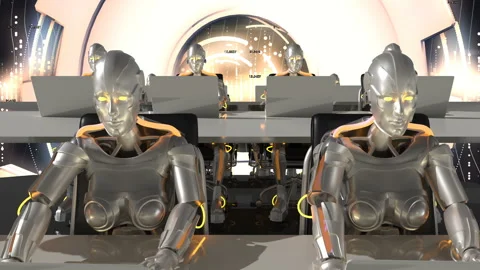 Cyborgs of the future work in sci-fi office on computers. Loopable. 스톡 동영상 92048192