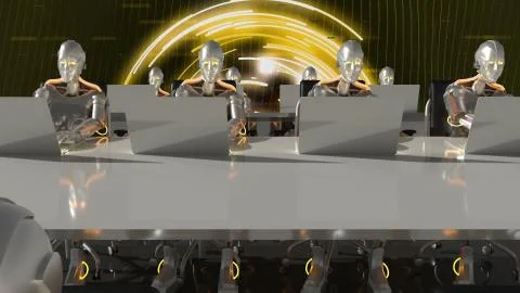 Cyborgs of the future work in sci-fi office on computers. 3D Rendering. Stock Illustration