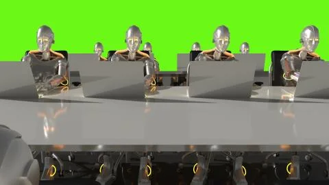 Cyborgs of the future work in sci-fi office on computers. Green screen. 3D Stock Illustration