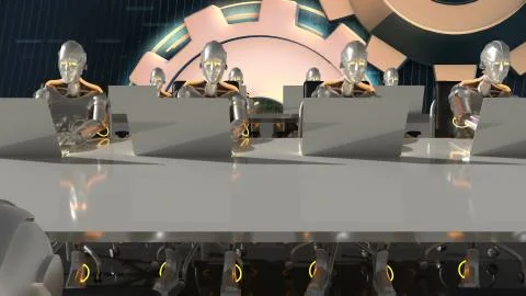 Cyborgs of the future work in sci-fi office on computers. 3D Rendering. Stock Illustration