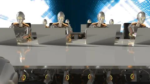 Cyborgs of the future work in sci-fi office on computers. 3D Rendering. Stock Illustration