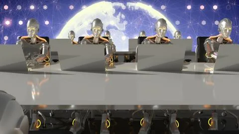 Cyborgs of the future work in sci-fi office on computers. 3D Rendering. Stock Illustration