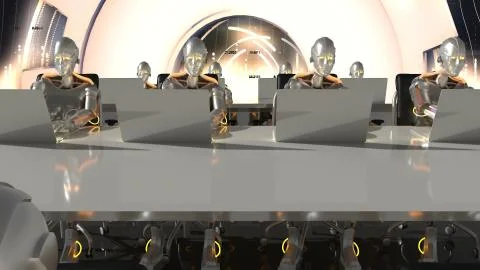 Cyborgs of the future work in sci-fi office on computers. 3D Rendering. Stock Illustration