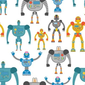 Cyborgs seamless pattern. Background of lovely colored robots. Machines with  Stock Illustration