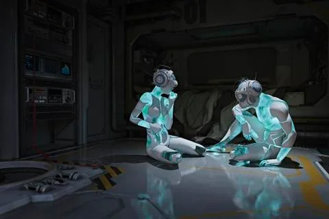 Cyborgs sitting on floor wearing virtual reality helmets Stockillustratie