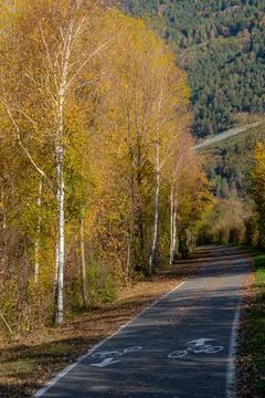 Cycle lane or bicycle path in Val Venosta Vinschgau in autumn, Trentino Alt.. Stock Photos