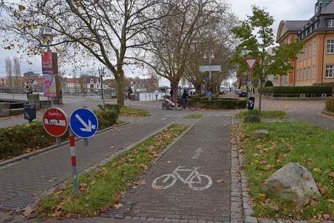 Cycle path and roundabout, Konstanz, Germany Stock Photos