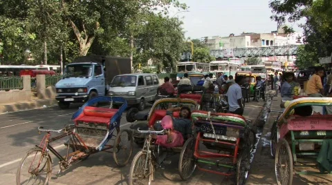 Cycle rickshaws in Old Delhi (w/sound) Stock Footage 221832