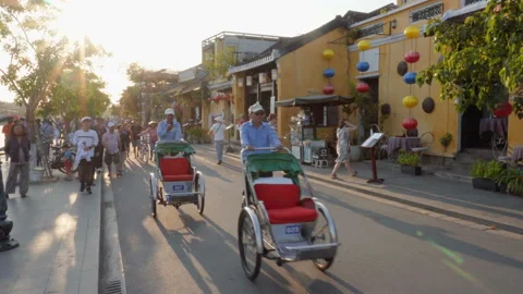 Cycle rickshaws (trishaws) at of Hoi An Ancient Town, Vietnam Stock Footage 88726958