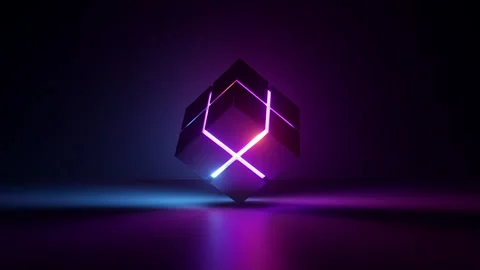 Cycled 3d animation, abstract background, cubic box with glowing neon lines Video stock 242402411