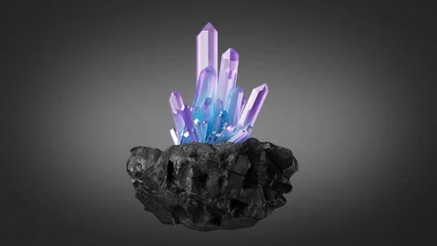 Cycled 3d animation, black rock with blue violet crystals spinning around Stock Footage 216758001